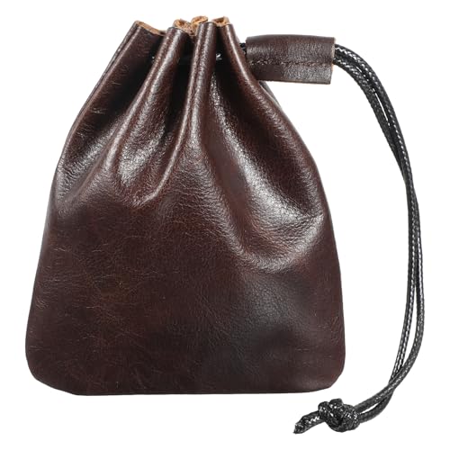 HJZHII Lederbeutel Aufbewahrungstasche, Retro Rindsleder Münzbeutel mit Kordelzug Geldbörsen Aus Leder Münzbörse Geldbeutel für Schmuck Kopfhörer(Klein) von HJZHII