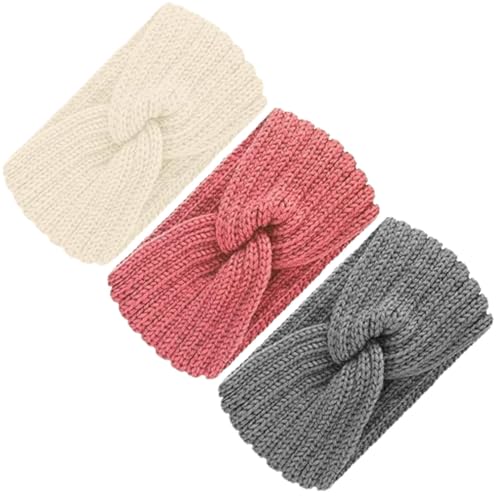 Stirnband Damen Winter Strick, 3 Pcs Stirnband Kinder Mädchen, Herbst Und Winter VielseitigHaarband Ohrenwärmer Elastische (Beige + Grau + Rosa) von HKBTCH