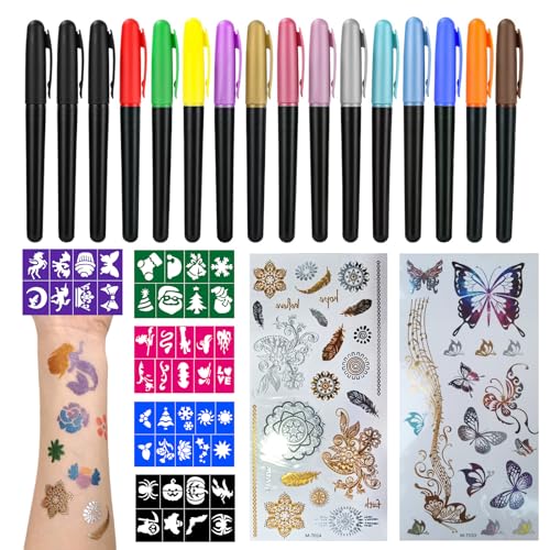 HKC Temporäre Tattoo Stift für die Haut, Tattoo Stifte Kinder, 16 Tattoo-Stift + 5 Schablonen + 2 Tattoos Aufklebe, Glitter & Matte Tattoos Pen Kit für Jungen Mädchen Thanksgiving, Ostern, Geburtstag HKC Temporäre Tattoo Stift für die Haut, Tattoo Stifte Kinder, 16 Tattoo-Stift + 5 Schablonen + 2 Tattoos Aufklebe, Glitter & Matte Tattoos Pen Kit für Jungen Mädchen Thanksgiving, Ostern, Geburtstag von HKC