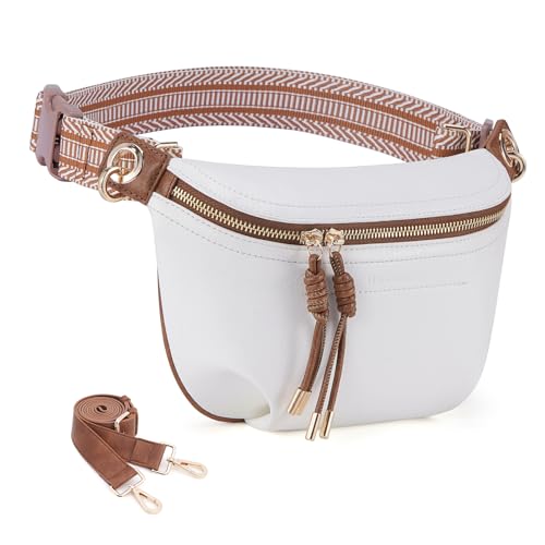 Bauchtasche Crossbody Taschen für Frauen Pu Leder Gürteltasche Hüfttasche Kausale Brust Bauchtasche Mit 2 Riemen, 2-1 Weiß von HKCLUF