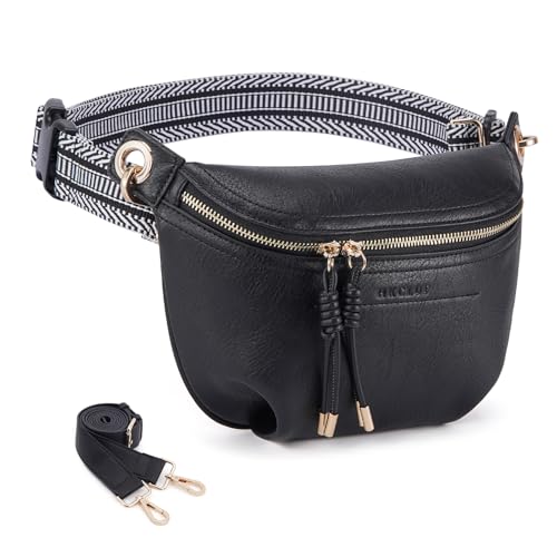 Bauchtasche Crossbody Taschen für Frauen Pu Leder Gürteltasche Hüfttasche Kausale Brust Bauchtasche Mit 2 Riemen, 3-1 Schwarz von HKCLUF