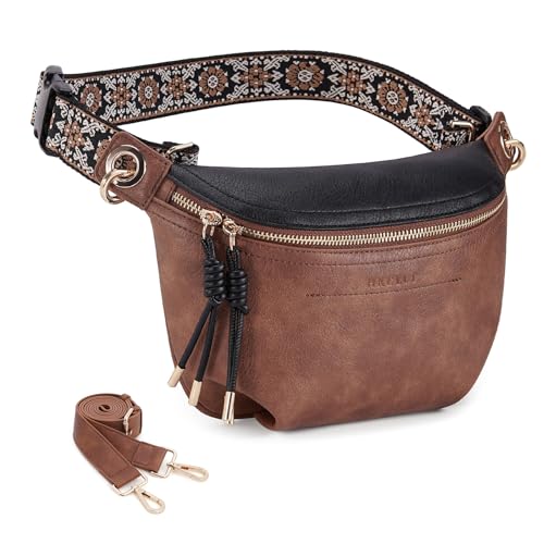 Bauchtasche für Damen, PU-Leder, Gürteltasche, Bauchtasche mit 2 Gurten, 6-1 Schwarzbraun von HKCLUF