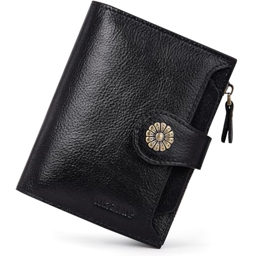 HKCLUF Geldbörse Damen Kleine Rindsleder echtes Leder Bifold Portemonnaie Damen mit RFID-blockierendes Kartenetui mit Reißverschluss Schwarz von HKCLUF