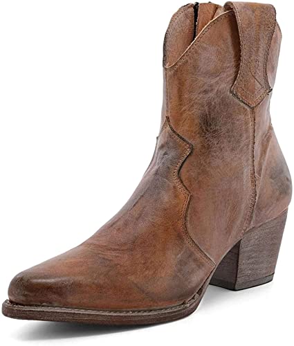 HKDFFC Damen Leder Stiefeletten Mit Runder Spitze, Retro Seitlicher Reißverschluss Ritter Kurze Stiefel Mittlerer Blockabsatz Freizeitschuhe Schnee Durable Outdoor Thermo Cowboystiefel,Gelb,34 EU von HKDFFC