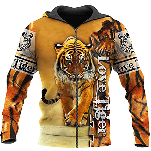 3D Tiger Printed Unisex Hoodie Herren Sweatshirt Reißverschluss Pullover Casual Jacke Trainingsanzug, Zip Hoodies, L von HKGHVJK