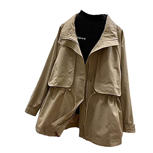 HKGHVJK Damen Jacke Herbst Windbreaker Weibliche Langarm Causal Overcoat Lose Reißverschluss Kordelzug Outwear Plus Size, khaki, 50 von HKGHVJK