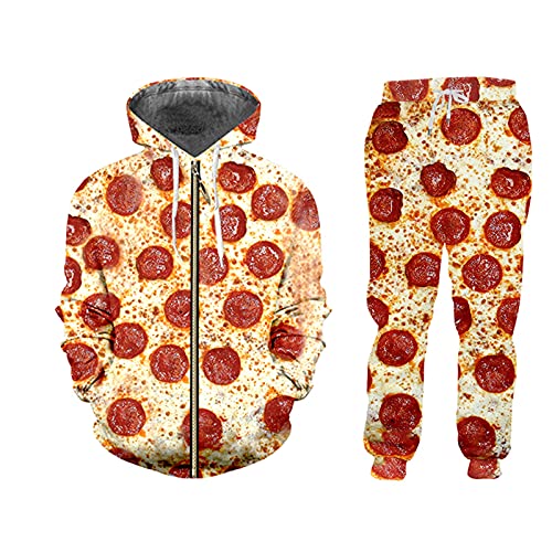 Lässige Party, 3D-lustiger Pizza-Druck, Herren-Set, Reißverschluss, Hoodie, Sweathose, Jogginganzug, Herren, 2 Trainingsanzüge, Zhpal0322, XL von HKGHVJK