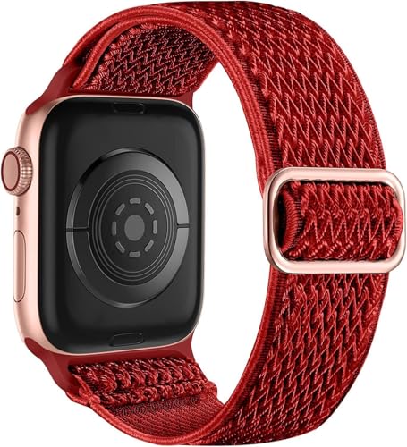 HKIDKK Für Uhrenarmbänder 44mm 45mm 42mm 49mm 41mm 40mm 38mm für Damen und Herren, dehnbare Solo-Loop-Sportbänder aus weichem Nylon für IWatch SE-Serie 10 9 8 7 6 5 4 3 2 1(Red,42/44/45/49mm) von HKIDKK