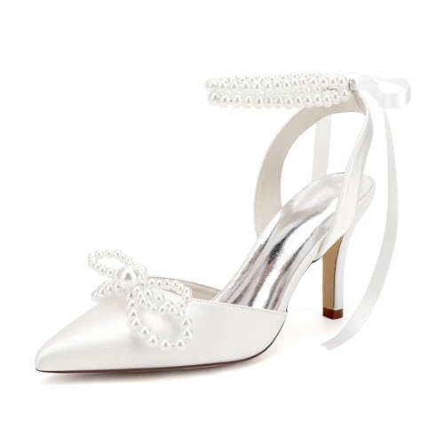 HKMFLYY Damen Geschlossene Zehe Perle Heels mit Schleife Hochzeit Schuhe für Braut High Heels Brautschuhe Slingback Satin Heels Pumps, Weiss/opulenter Garten, 38.5 EU von HKMFLYY