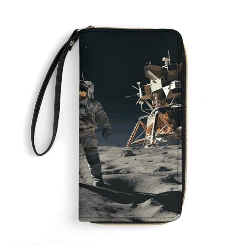 HKMNTGD Damen-Geldbörse, Leder, bedruckt, Amor-Pfeil, Liebespferd, Reißverschluss, Kreditkartenhalter, Handy-Clutch, Astronaut landet auf dem Mond, 19.7x10.5cm von HKMNTGD