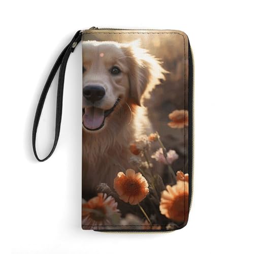 HKMNTGD Damen-Geldbörse, Leder, bedruckt, Golden Retriever und Blumen, Reißverschluss, Kreditkartenhalter, Handy-Clutch, Golden Retriever und Blumen, 19.7x10.5cm von HKMNTGD