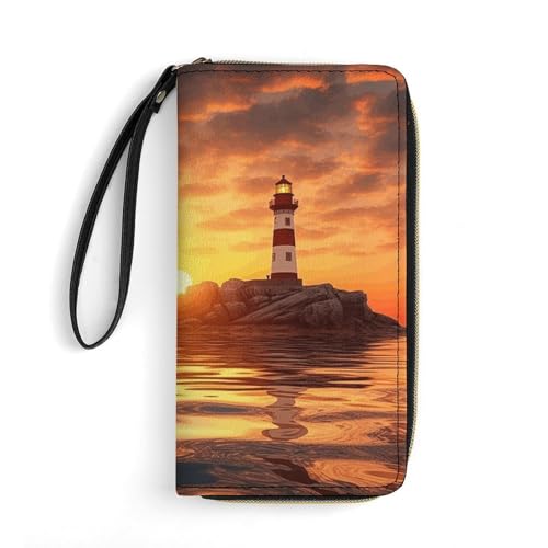 HKMNTGD Damen-Geldbörse, Leder, bedruckt, Golden Retriever und Blumen, Reißverschluss, Kreditkartenhalter, Handy-Clutch, Sea Lighthouse in Sunset, 19.7x10.5cm von HKMNTGD