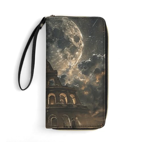 HKMNTGD Damen-Geldbörse, Leder, bedruckt, Luftbild von Paris, Stadtbild, Reißverschluss, Kreditkartenhalter, Handy-Clutch, Rom Moon Shines, 19.7x10.5cm von HKMNTGD