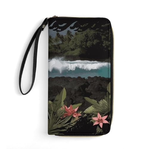 HKMNTGD Damen-Geldbörse, Leder, bedruckt, Meeresschildkröte, Sonnenuntergang, Reißverschluss, Kreditkartenhalter, Handy-Clutch, Schwarze Hawaii-Bilder, 19.7x10.5cm HKMNTGD Damen-Geldbörse, Leder, bedruckt, Meeresschildkröte, Sonnenuntergang, Reißverschluss, Kreditkartenhalter, Handy-Clutch, Schwarze Hawaii-Bilder, 19.7x10.5cm von HKMNTGD