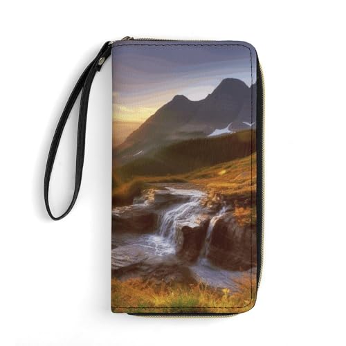 HKMNTGD Damen-Geldbörse, Leder, bedruckt, Schnauzer-Hund, Reißverschluss, Kreditkartenhalter, Handy-Clutch, Schwarz, Berg Sonnenaufgang Landschaft, 19.7x10.5cm von HKMNTGD