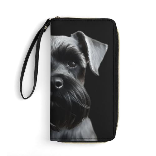 HKMNTGD Damen-Geldbörse, Leder, bedruckt, Schnauzer-Hund, Reißverschluss, Kreditkartenhalter, Handy-Clutch, Schwarz, Schwarzer Schnauzer Hund, 19.7x10.5cm von HKMNTGD