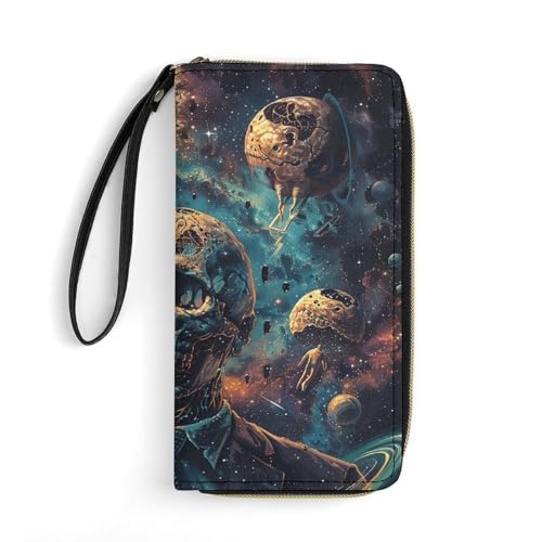 HKMNTGD Damen-Geldbörse, Leder, bedruckt, blaue Wasserwellen, Reißverschluss, Kreditkartenhalter, Handy-Clutch, Totenkopf Gesicht Mann im Weltraum, 19.7x10.5cm von HKMNTGD