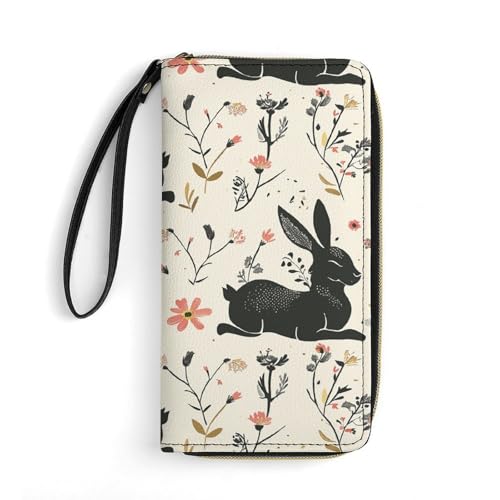 HKMNTGD Damen-Geldbörse, Leder, bedruckt, mit Sternen und Mond, mit Reißverschluss, Kreditkartenhalter, Handy-Clutch, Kaninchen-Muster, 19.7x10.5cm von HKMNTGD