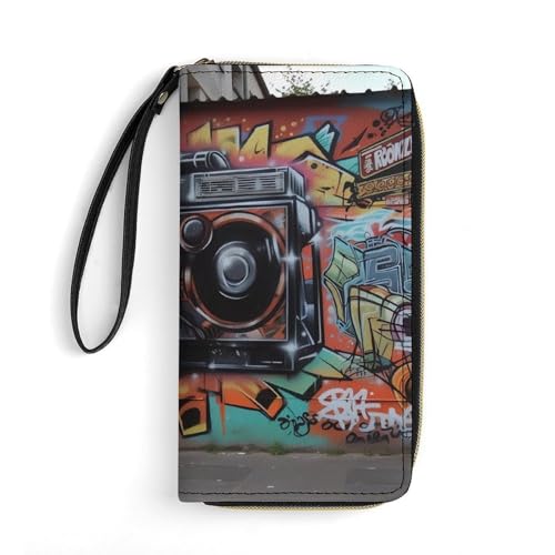 HKMNTGD Damen-Geldbörse, Leder, bedruckt, nautisches Segel-Piraten-Motiv, Reißverschluss, Kreditkartenhalter, Handy-Clutch, Graffiti Hip Hop, 19.7x10.5cm von HKMNTGD