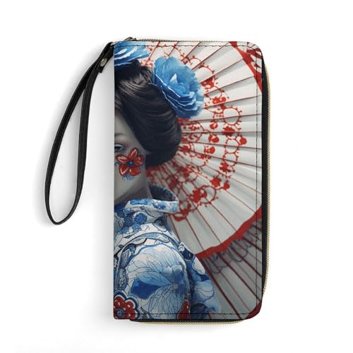 HKMNTGD Damen-Geldbörse, Leder, bedruckt, rote Blume, Reißverschluss, Kreditkartenhalter, Handy-Clutch, Dress Up as a Geisha, 19.7x10.5cm von HKMNTGD