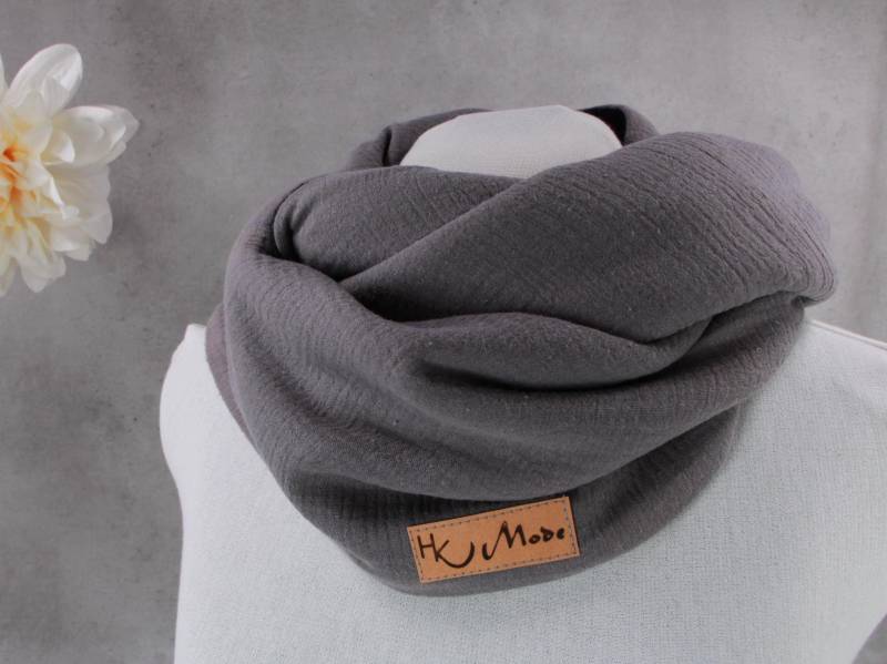 Musselin Loop Schal Mit Fleece, Damen Herren Schlauchschal, Einfarbig Grau von HKModeHandmade