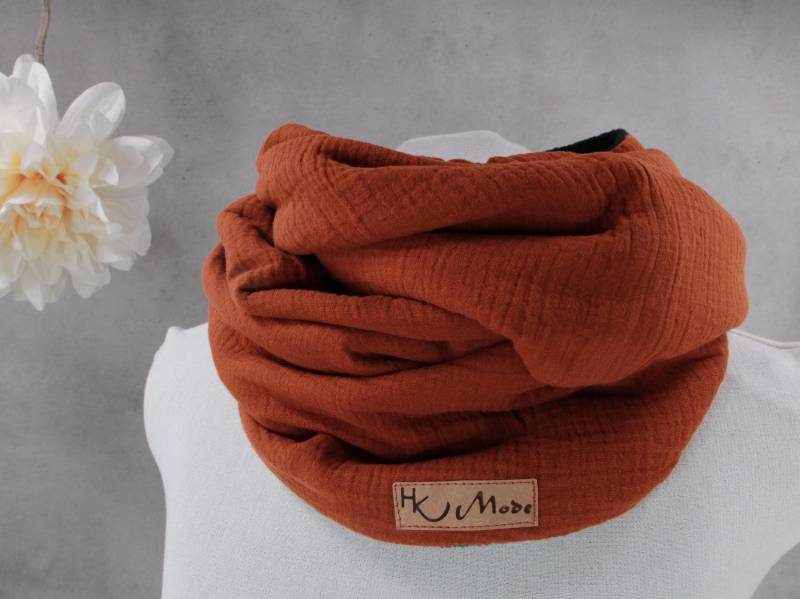 Musselin Loop Schal Mit Fleece, Damen Schlauchschal, Einfarbig Terrakotta von HKModeHandmade