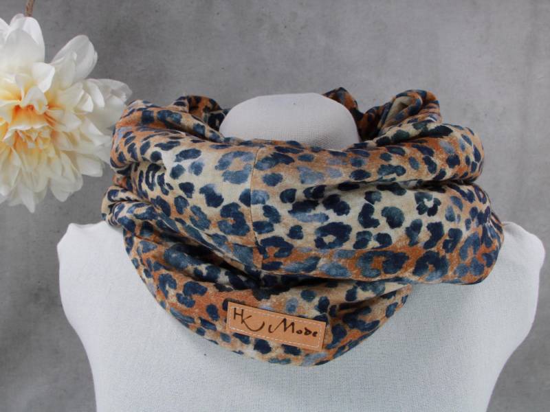 Musselin Loop Schal Mit Fleece, Damen Schlauchschal, Leo Dunkelblau Beige von HKModeHandmade