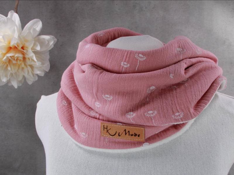 Musselin Loop Schal Mit Fleece, Damen Schlauchschal, Pusteblume Rosa von HKModeHandmade
