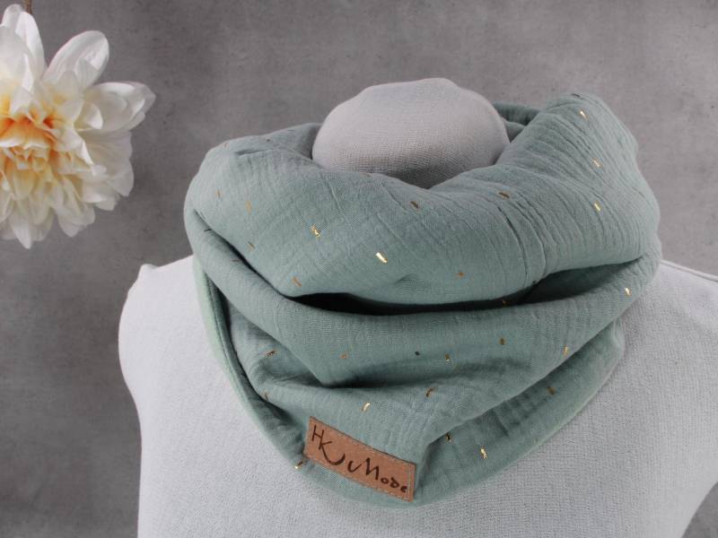 Musselin Loop Schal Mit Fleece, Damen Schlauchschal, Salbeigrün Goldenen Strichen von HKModeHandmade