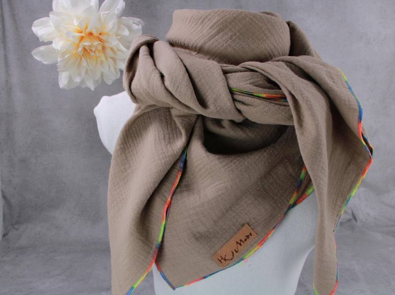 Musselin Tuch Schal Loop Dreieckstuch Damen - Beige Multicolor Musselin Tuch Schal Loop Dreieckstuch Damen - Beige Multicolor von HKModeHandmade