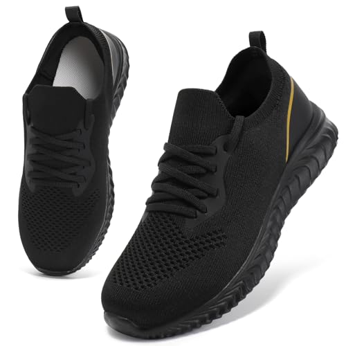 HKR Damen Laufschuhe Leichte Slip on Turnschuhe Bequem Orthopädische Schuhe Atmungsaktiv Sportschuhe Schlupfschuhe Schwarz Gold 38 EU von HKR