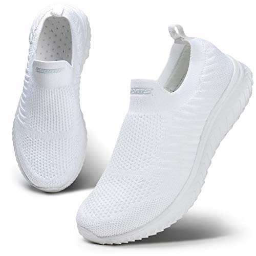 HKR Damen Slip On Turnschuhe Mesh Laufschuhe Atmungsaktiv Sportschuhe Wanderschuhe Leichte Bequeme Schuhe Weiß 37 EU von HKR