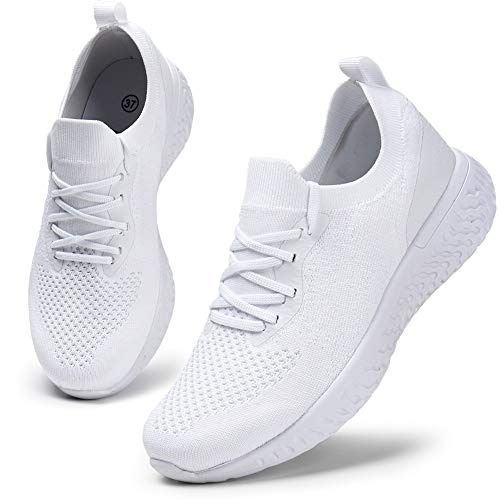 HKR Damen Sportschuhe Atmungsaktiv Gym Turnschuhe Leichtgewicht Laufschuhe Lace Up Freizeitschuhe Trainer Outdoor Sneaker für Damen Weiß 36 EU von HKR