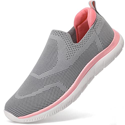 HKR Damen Sportschuhe Memory Foam Turnschuhe Bequeme Slip on Schuhe Sneakers Atmungsaktiv Stoffschuhe Sommerschuhe Hellgrau Pink 37 EU von HKR