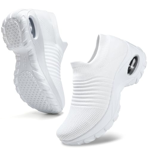 HKR Turnschuhe Damen Atmungsaktiv Mesh Slip on Sneaker Leicht Laufschuhe Sportschuhe Mesh Memory Foam Walkingschuhe Weiß 43 EU von HKR