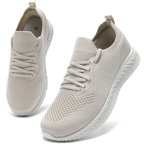 HKR Damen Turnschuhe Leichte Slip on Sneakers Atmungsaktiv Sportschuhe Laufschuhe Bequem Schlupfschuhe Taupe 42 EU von HKR