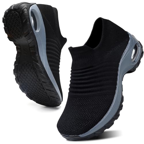 HKR Damen Sneaker Slip on Leichte Turnschuhe Laufschuhe Memory Foam Orthopädische Schuhe Bequem Walkingschuhe Schwarz 42 EU von HKR