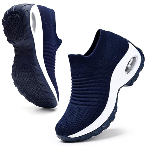 HKR Sneaker Damen Memory Foam Bequem Turnschuhe Mesh Laufschuhe Leichte Walkingschuhe Indoor Fitnesschuhe Dunkelblau 42 EU von HKR