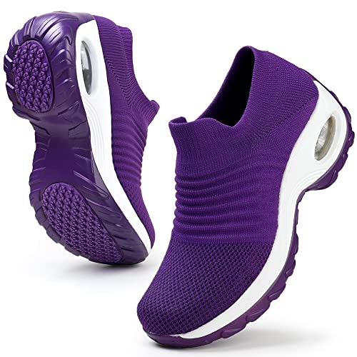 HKR Sportschuhe Damen Leichte Sneaker Slip on Atmungsaktive Turnschuhe Laufschuhe Bequem Walkingschuhe mit Memory Foam Violett 39 EU von HKR