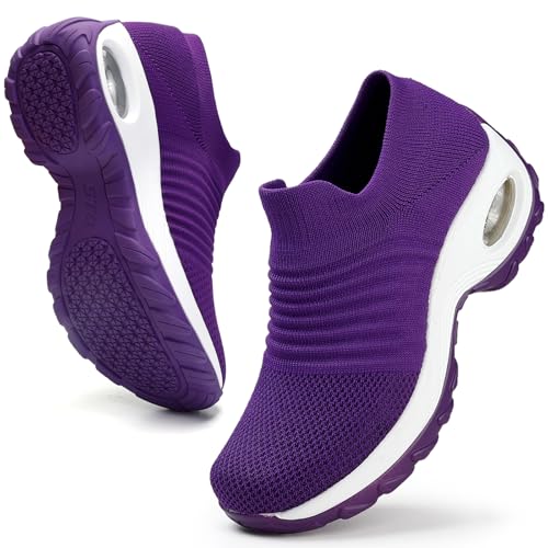 HKR Sportschuhe Damen Leichte Sneaker Slip on Atmungsaktive Turnschuhe Laufschuhe Bequem Walkingschuhe mit Memory Foam Violett 39 EU von HKR