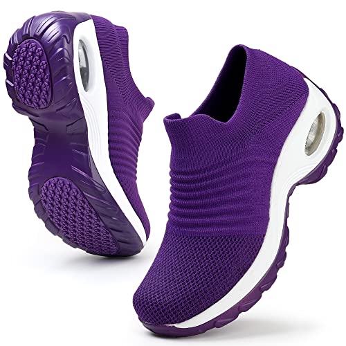 HKR Sportschuhe Damen Leichte Sneaker Slip on Atmungsaktive Turnschuhe Laufschuhe Bequem Walkingschuhe mit Memory Foam Violett 42 EU von HKR