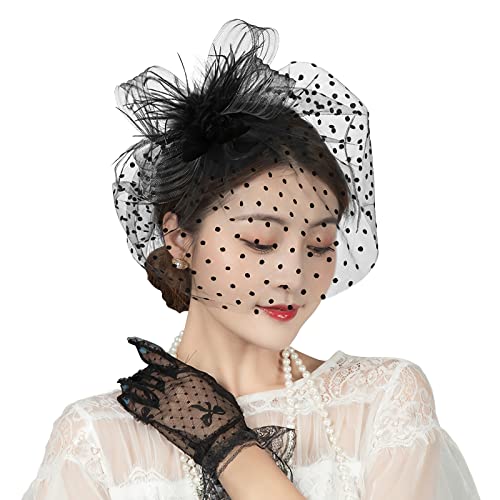 Fascinator Hut Handschuhe Set Damen Cocktailparty Hut Feder Blumen Kopfschmuck Mesh Retro Hochzeitsschmuck Braut Haarschmuck Clip Brauthut Organza Elegant Pillbox Hut Mädchen Party Kirche Schwarz von HKSCKJ