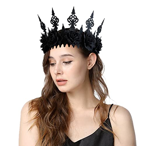 Kopfschmuck Gotisch Damen Haarschmuck Halloween Krone Stirnband mit Blumen Haarreif Gotik Königin Haarband Hexen Kopfbedeckung Accessoire Vintage Kopfband für Karneval Themenparty Cosplay Schwarz von HKSCKJ