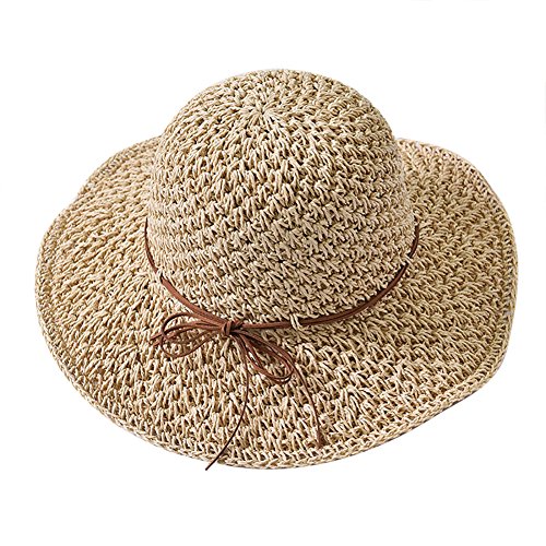 Strohhut Sommer Damen Sonnenhut Anti UV Strohmütze Einstellbar Strandhut Weich Klappbar Sonnenmütze Atmungsaktiv Strandmütze Leicht Sonnenstrohhut Schleife Elegant Sommermütze Mädchen Strand Beige von HKSCKJ