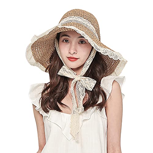 Sonnenhut Damen Stroh Sonnenmütze Große Krempe Strohhut Sommer Anti UV Strandhut Spitze Kinnband Strohmütze Weich Faltbar Sommerhut Elegant Sommermütze Mädchen Strand Khaki von HKSCKJ