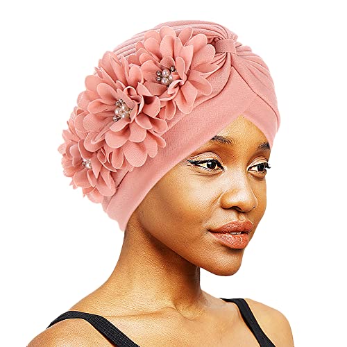 Turban Damen Sommer Turbanhut mit Blumen Knoten Kopfwickel Elastisch Turban Mütze Elegant Afrikanisch Headwrap Leicht Turbankappe Muslem Kopftuch Mädchen Haarband für Chemo Strand Haarpflege Rosa von HKSCKJ