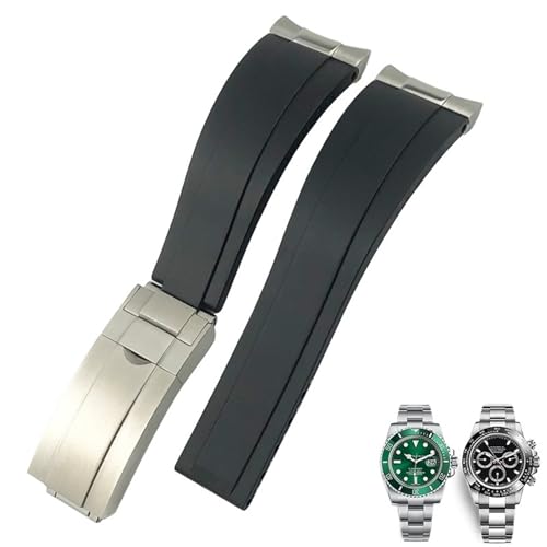 HKTS 20 mm 21 mm Gummi-Silikon-Uhrenarmbänder für Submariner Yacht Master OYSTERFLEX Daytona Uhrenarmband(Black Matte buckle,20mm) von HKTS