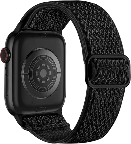 HKTS Für Uhrenarmbänder 44mm 45mm 42mm 49mm 41mm 40mm 38mm für Damen und Herren, dehnbare Solo-Loop-Sportbänder aus weichem Nylon für IWatch SE-Serie 10 9 8 7 6 5 4 3 2 1(Black,42/44/45/49mm) von HKTS