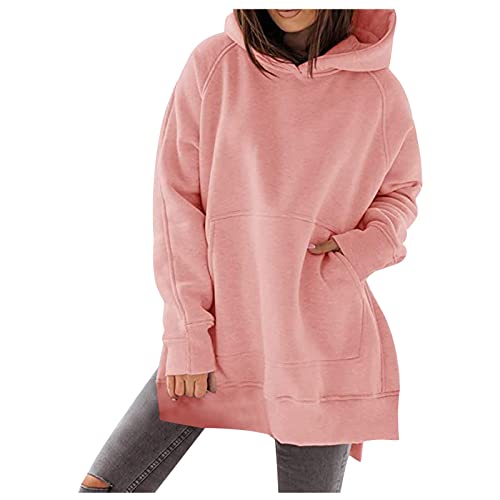 Cordjacke Damene Langarme Hoodie Extra Lange Polyester Kapuzen-Bluse Damene Rundhalsausschnitt Stil Winddicht Loungewear Seitenschlitz Schlichtee Regular Fit Wintern von HKUOPW