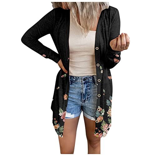 HKUOPW Cardigan Damens Polyester Frühling Party Mantel Soft Langarm Knöpfe Lange Legere Cardigans Maedchen Schlankmacher Crewneck Geblümte Schwarz von HKUOPW